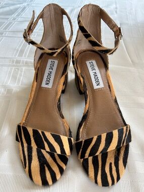 4M Steve Madden Tiger-Print Ankle Strap Heels